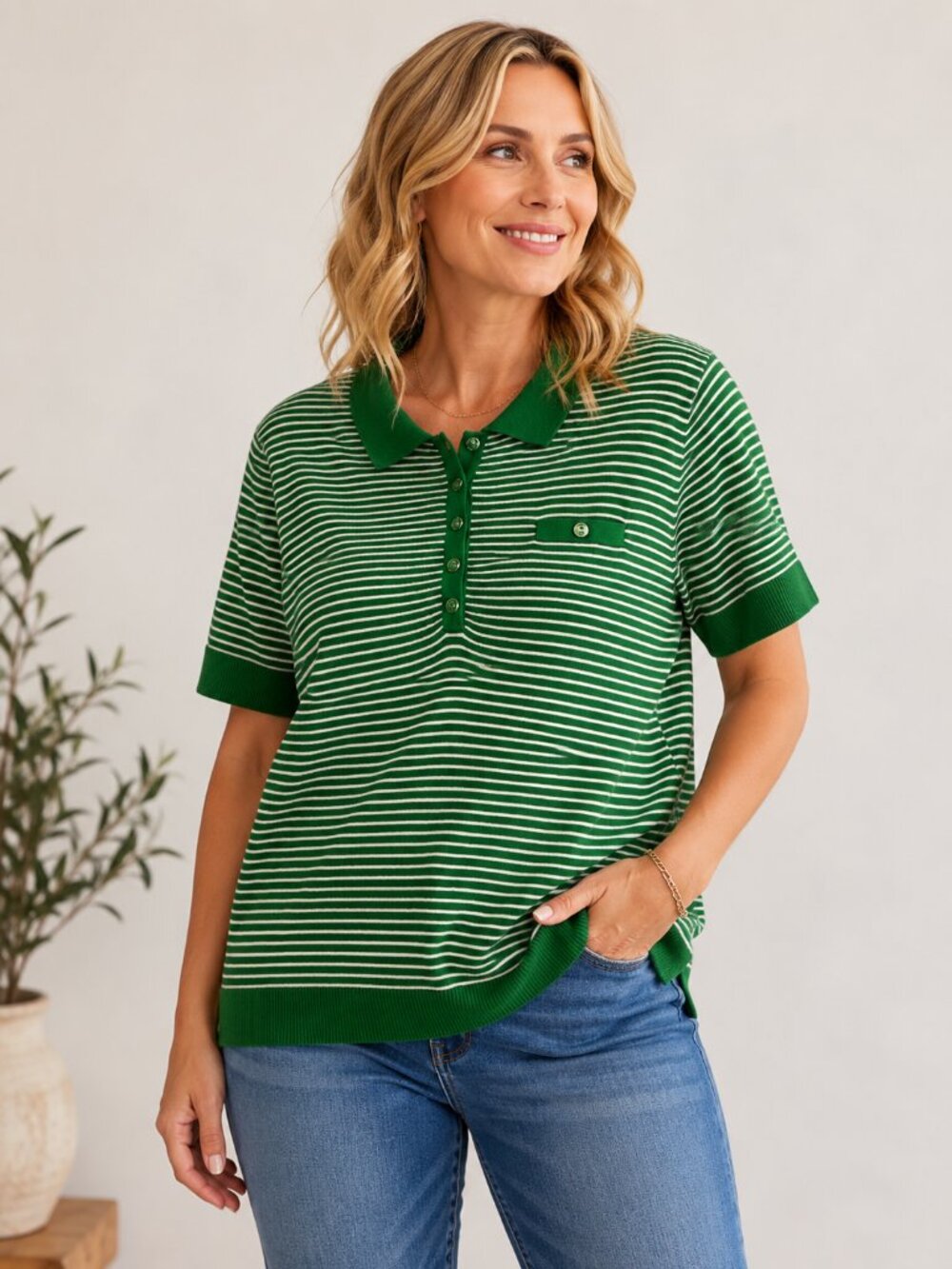 Talbots Size Xl Short Sleeve Knit Polo Sweater Top Green Stripes Collared Preppy